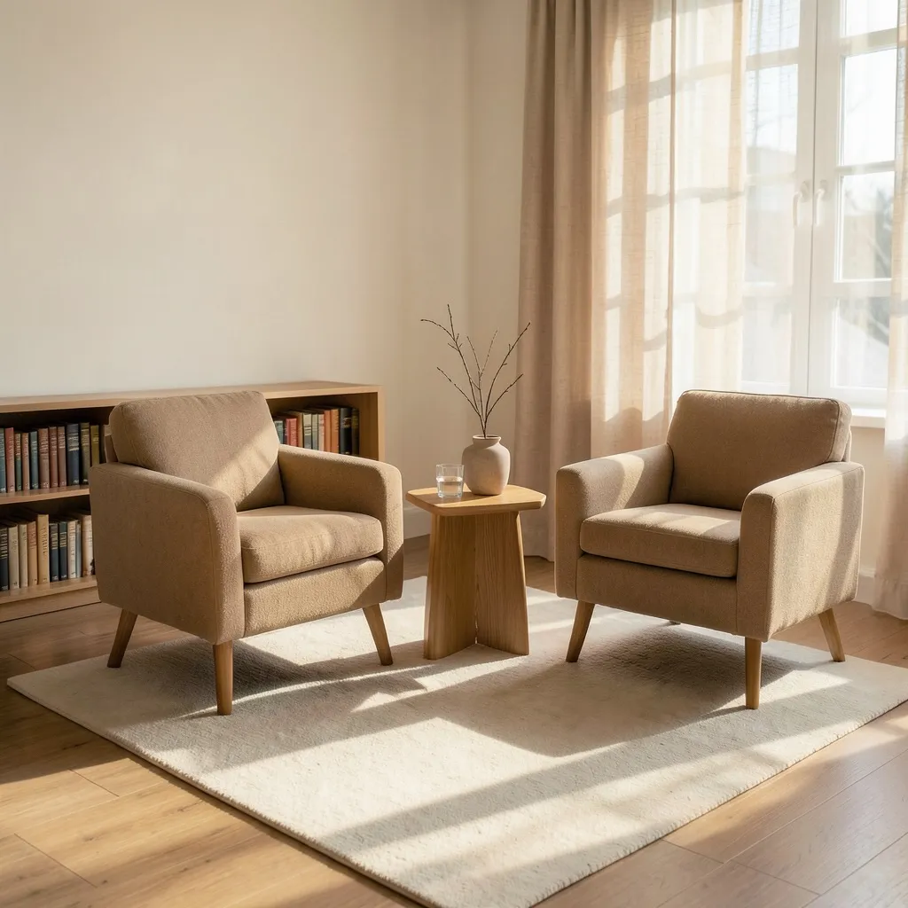 Duas poltronas de frente uma para a outra em uma sala clara, ao lado de uma janela